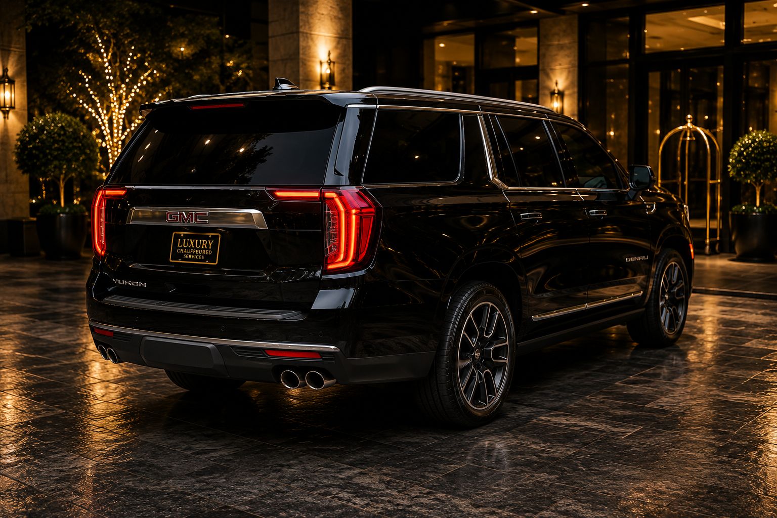 GMC Yukon XL Denali — rear three-quarter view at a luxury hotel entrance